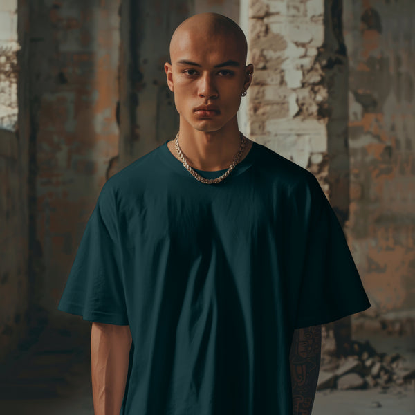 Petrol Blue Solid Premium Oversized T-Shirt